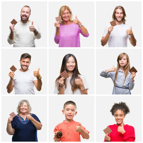 Collage Van Groep Mensen Eten Van Chocolade Geïsoleerde Achtergrond Blij — Stockfoto