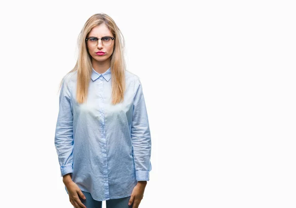 Ung Vacker Blond Affärskvinna Bär Glasögon Över Isolerade Bakgrund Skeptiker — Stockfoto