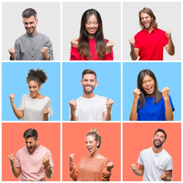 Collage Grupp Ungdomar Över Färgglada Isolerade Bakgrund Mycket Glad Och — Stockfoto