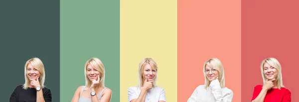 Collage Einer Schönen Blonden Frau Die Mit Verschränkten Armen Und — Stockfoto