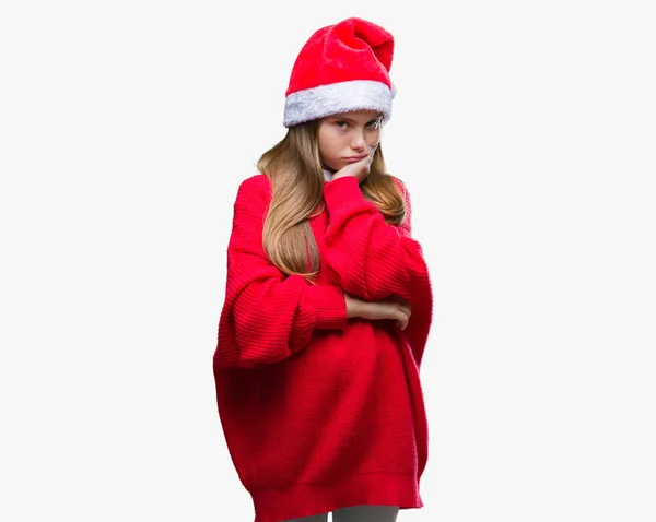 Joven Hermosa Chica Con Sombrero Navidad Sobre Fondo Aislado Pensando —  Fotos de Stock