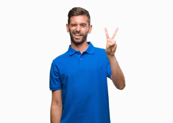 Joven Hombre Guapo Sobre Fondo Aislado Sonriendo Con Cara Feliz —  Fotos de Stock