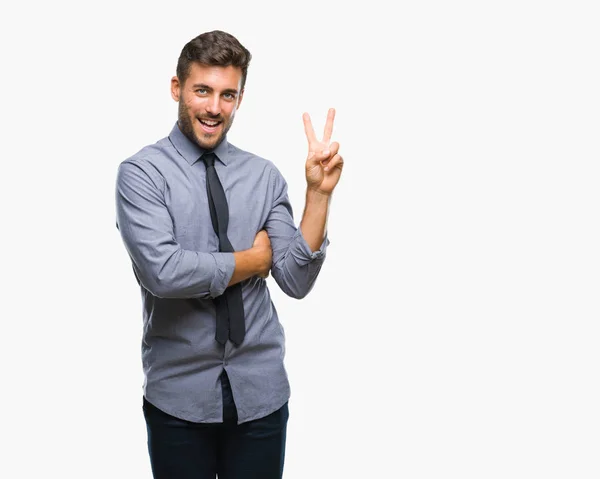 Jovem Homem Negócios Bonito Sobre Fundo Isolado Sorrindo Com Rosto — Fotografia de Stock