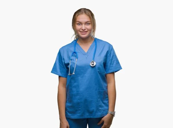 Młody Lekarz Kaukaski Kobieta Nosi Mundur Chirurg Białym Tle Szczęśliwy — Zdjęcie stockowe