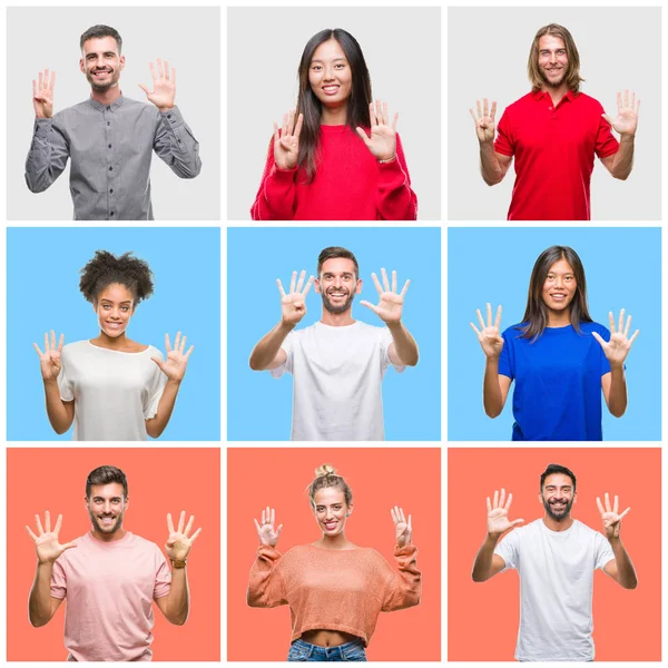 Collage Groupe Jeunes Sur Fond Isolé Coloré Montrant Pointant Vers — Photo