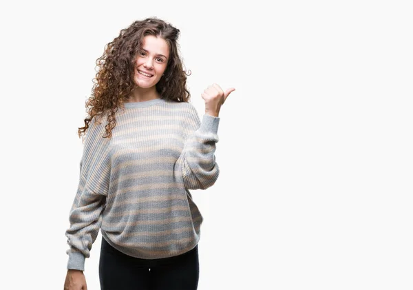 Beautiful Brunette Curly Hair Young Girl Wearing Winter Sweater Isolated — Stock Photo, Image