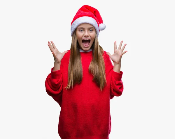 Menina Bonita Nova Vestindo Chapéu Natal Sobre Fundo Isolado Celebrando — Fotografia de Stock