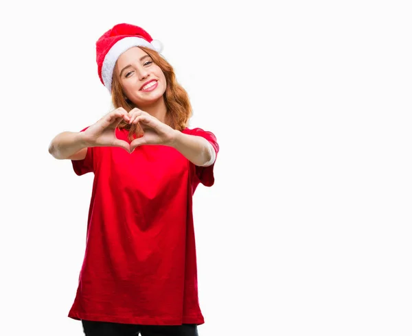 Jovem Bela Mulher Sobre Fundo Isolado Vestindo Chapéu Natal Sorrindo — Fotografia de Stock