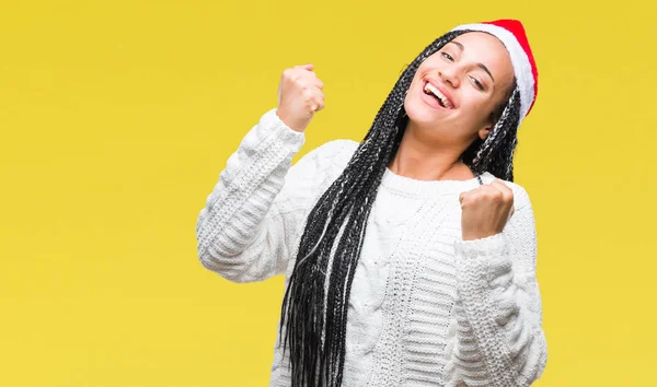 Jovem Trançado Cabelo Afro Americano Menina Vestindo Chapéu Natal Sobre — Fotografia de Stock