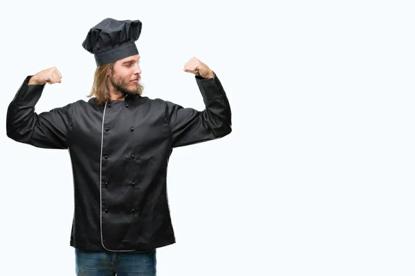 Joven Guapo Cocinero Con Pelo Largo Sobre Fondo Aislado Mostrando — Foto de Stock