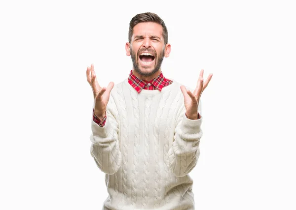 Joven Hombre Guapo Con Suéter Invierno Sobre Fondo Aislado Loco — Foto de Stock