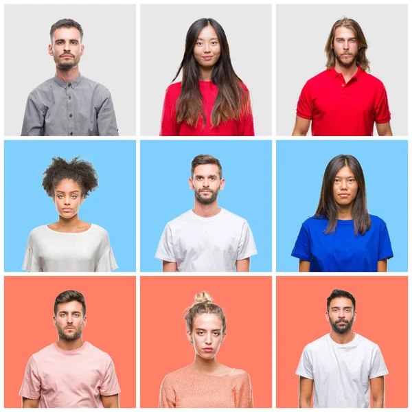 Collage Grupp Ungdomar Över Färgglada Isolerade Bakgrund Med Allvarliga Uttryck — Stockfoto