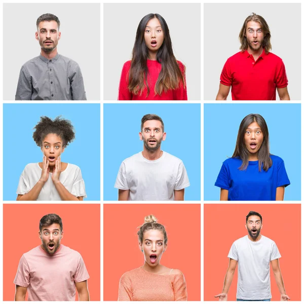 Collage Grupo Jóvenes Sobre Coloridos Antecedentes Aislados Asustados Conmocionados Con — Foto de Stock