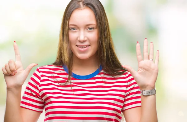 Unga Kaukasiska Vacker Kvinna Över Isolerade Bakgrund Visar Nummer Sju — Stockfoto