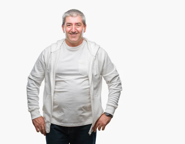 Przystojny Mężczyzna Senior Noszenie Odzież Sportową Białym Tle Szczęśliwy Chłodnym — Zdjęcie stockowe
