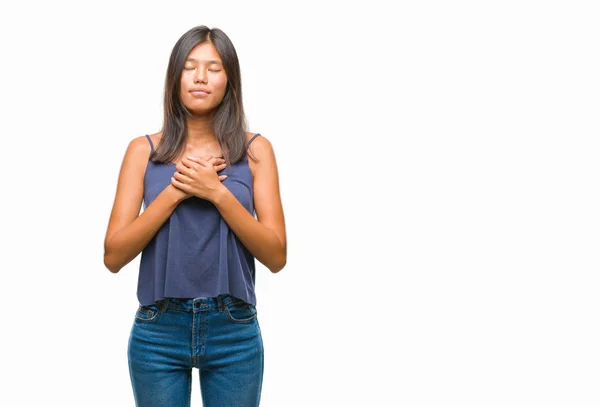 Jonge Aziatische Vrouw Geïsoleerde Achtergrond Glimlachend Met Handen Borst Met — Stockfoto