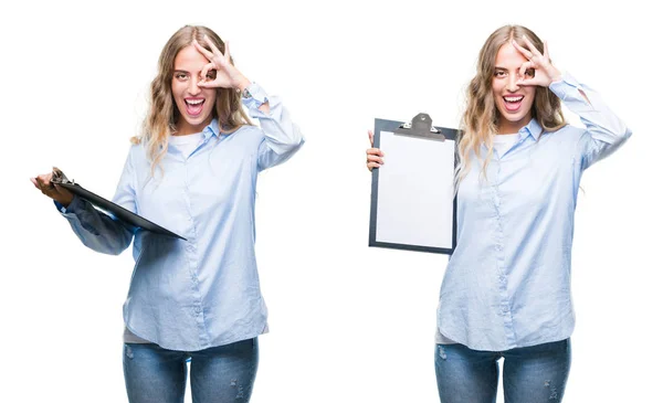 Jonge Mooie Jonge Zakelijke Vrouw Bedrijf Klembord Witte Geïsoleerde Achtergrond — Stockfoto