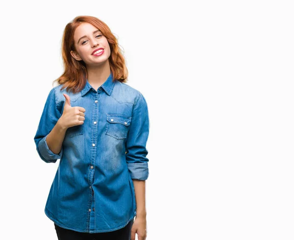 Joven Hermosa Mujer Sobre Fondo Aislado Haciendo Pulgares Felices Gesto — Foto de Stock