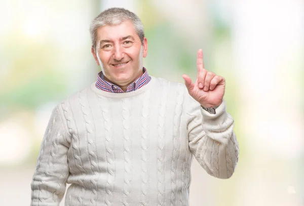 Handsome Senior Man Wearing Winter Sweater Isolated Background Pointing Finger — Stock Photo, Image