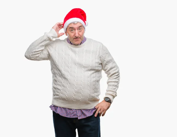 Hombre Mayor Guapo Con Sombrero Navidad Sobre Fondo Aislado Confundir — Foto de Stock