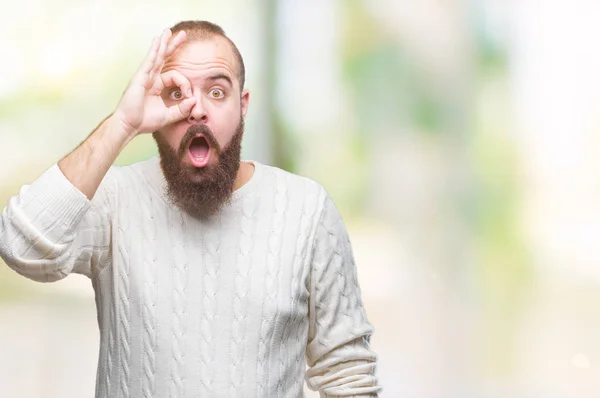 Homem Jovem Hipster Caucasiano Vestindo Camisola Inverno Sobre Fundo Isolado — Fotografia de Stock