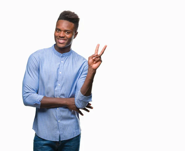 Człowiek Młody Afroamerykanin Biznesu Białym Tle Uśmiechnięty Szczęśliwy Twarz Mrugając — Zdjęcie stockowe