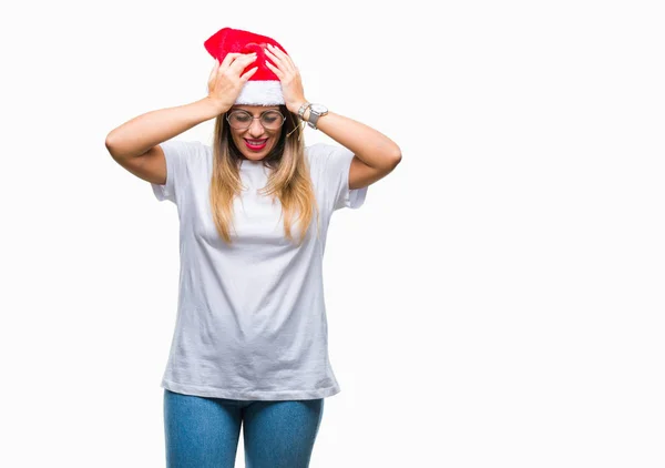 Молодая Красивая Женщина Рождественской Шляпе Изолированном Фоне Страдает Головной Боли — стоковое фото