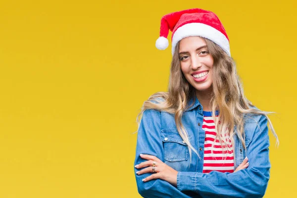 Güzel Genç Sarışın Kadın Üzerinde Noel Şapka Ile Mutlu Yüz — Stok fotoğraf