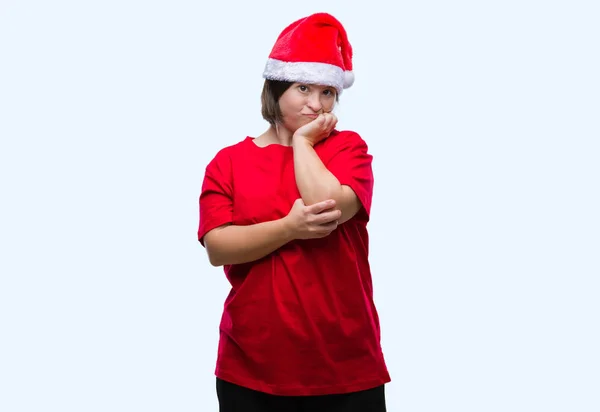 Молода Доросла Жінка Синдромом Дауна Носить Різдвяний Капелюх Над Ізольованим — стокове фото