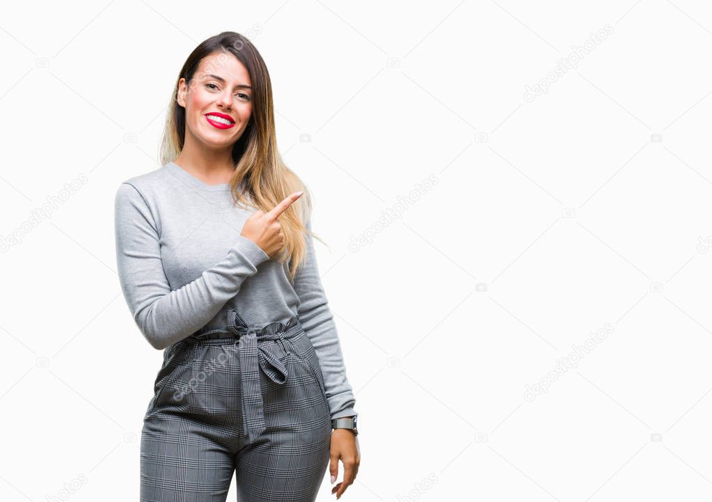 Young beautiful worker business woman over isolated background cheerful with a smile of face pointing with hand and finger up to the side with happy and natural expression on face looking at the camera.