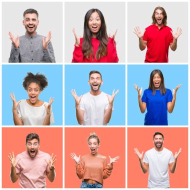 Kolaj Grup deli kutluyor ve silah ile başarı için heyecanlı çığlık kaldırdı ve açık gözleri hayret renkli izole arka plan üzerinde genç insan. Kazanan kavramı