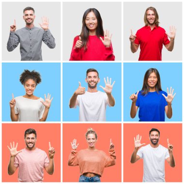 Kolaj Grup gösterilen ve parmakları ile işaret renkli izole arka plan üzerinde genç insan kendinden emin ve mutlu gülümseyerek süre 6 numara.