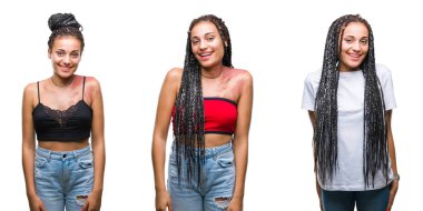 Kolaj olan güzel örgülü saç Afrikalı-Amerikalı kadın Doğum işareti yüzünde mutlu ve güzel bir gülümseme ile izole arka plan üzerinde. Şanslı kişi.