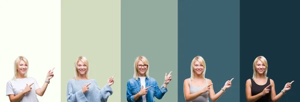 Collage Vacker Blond Kvinna Över Grön Vintage Isolerade Bakgrund Leende — Stockfoto