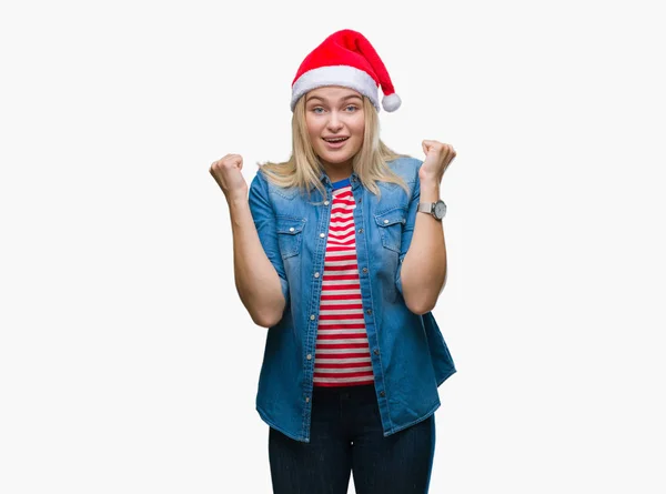 Jovem Caucasiana Vestindo Chapéu Natal Sobre Fundo Isolado Celebrando Surpreso — Fotografia de Stock