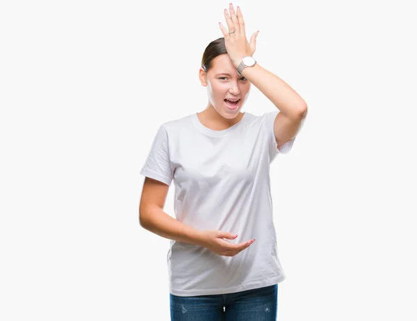 Young Beautiful Caucasian Woman Isolated Background Surprised Hand Head Mistake — Stock Photo, Image