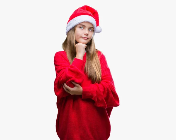 Menina Bonita Nova Vestindo Chapéu Natal Sobre Fundo Isolado Com — Fotografia de Stock