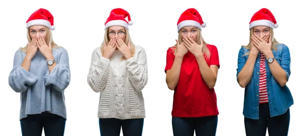 Collage Einer Jungen Schönen Blonden Frau Mit Weihnachtsmütze Über Weißem — Stockfoto