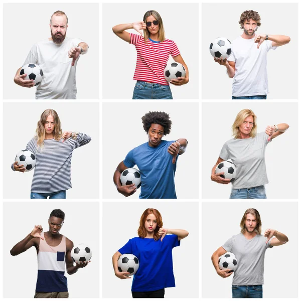 Collage Grupo Jóvenes Personas Mayores Sosteniendo Pelota Fútbol Sobre Fondo —  Fotos de Stock