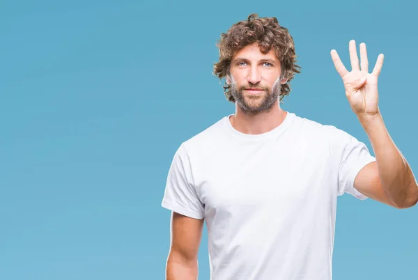 Hombre Modelo Hispano Guapo Sobre Fondo Aislado Mostrando Señalando Con —  Fotos de Stock