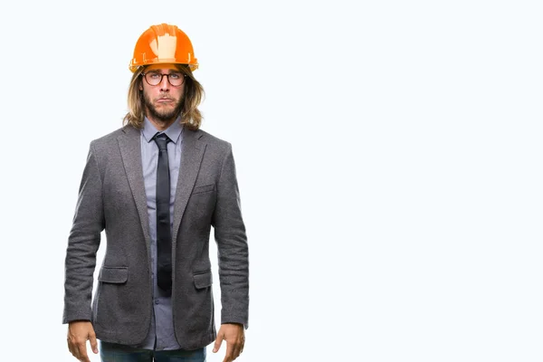 Jovem Arquiteto Bonito Homem Com Cabelos Longos Usando Capacete Segurança — Fotografia de Stock