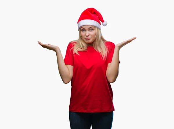 Jonge Kaukasische Vrouw Kerstmuts Dragen Geïsoleerde Achtergrond Clueless Verward Expressie — Stockfoto