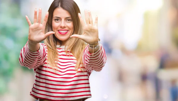 Joven Hermosa Mujer Rayas Informales Suéter Invierno Sobre Fondo Aislado — Foto de Stock