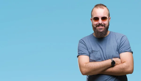 Young Caucasian Hipster Man Wearing Sunglasses Isolated Background Happy Face — Stock Photo, Image