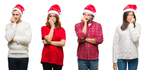 Colagem Grupo Pessoas Usando Chapéu Natal Sobre Fundo Isolado Olhando — Fotografia de Stock