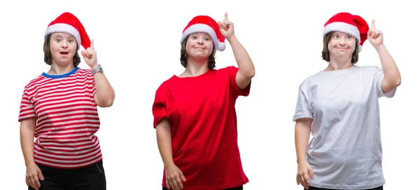 Колаж Вниз Сіднейської Жінки Різдвяному Капелюсі Над Ізольованим Тлом Вказуючи — стокове фото