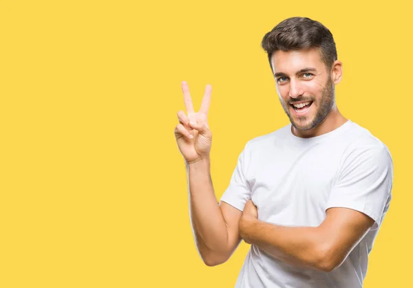 Joven Hombre Guapo Sobre Fondo Aislado Sonriendo Con Cara Feliz — Foto de Stock