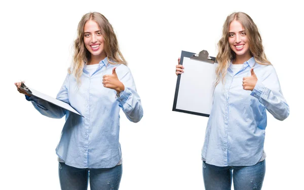 年轻美丽的年轻的商业妇女持有剪贴板在白色孤立的背景快乐与大微笑做 拇指与手指 优秀的标志 — 图库照片