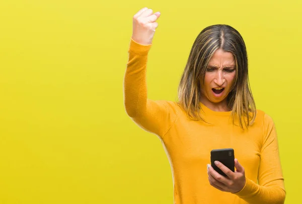 Young Beautiful Woman Sending Message Using Smartphone Isolated Background Annoyed — Stock Photo, Image