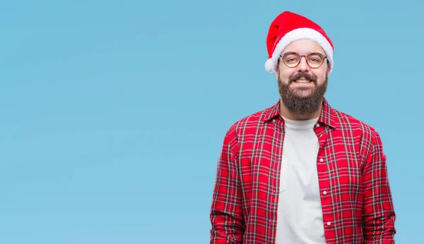 Homem Caucasiano Jovem Usando Chapéu Natal Sobre Fundo Isolado Com — Fotografia de Stock